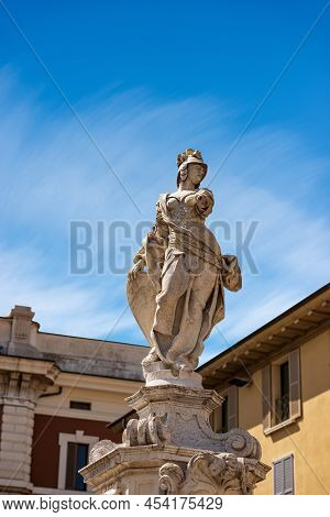Brescia. Closeup Of The Marble Statue And Fountain Of Brescia Armata (brescia Armed) By The Italian 