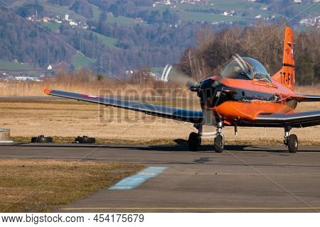 Wangen-lachen, Switzerland, February 27, 2022 Pilatus Pc-7 Propeller Plane Is Taxiing To Its Take Of