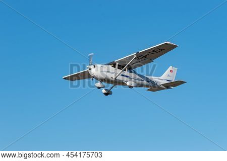 Wangen-lachen, Switzerland, February 27, 2022 Cessna 152 Propeller Plane Is Taking Off From A Small 
