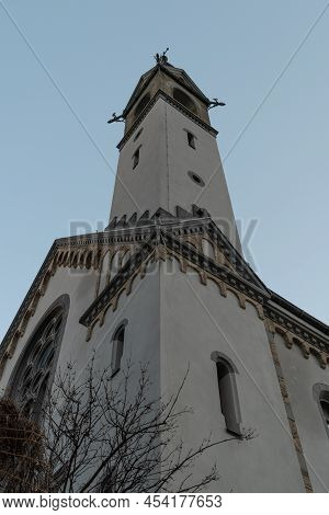 Davos, Switzerland, March 23, 2022 Evangelic Paulus Church In The City On A Sunny Day