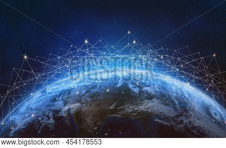 Global Network Across The Planet Earth.  Blockchain. Elements Of This Image Furnished By Nasa