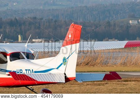 Wangen-lachen, Switzerland, March 27, 2022 Cessna 172 Propeller Plane On The Parking Area On A Small
