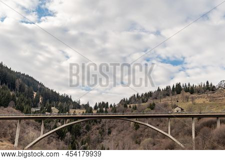 Mesocco, Switzerland, April 3, 2022 Bridge Over A Valley On The Road Across The San Bernardino Pass