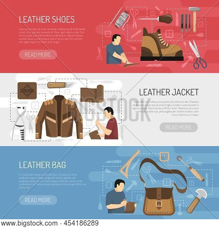 Leather Goods Horizontal Banners With Working Tools And Skinners Making Clothes  Shoes And Accessori