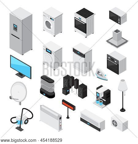 Household Appliances Isometric Set With Iron Tv Microwave Refrigerator Stove Mixer Blender Coffee Ma