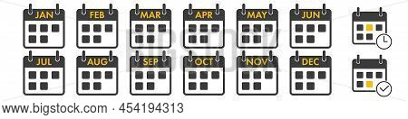 Yearly Calendar Icons Set. All Twelve Months With Names In Abbreviated Form. Plus Two Additional Pla
