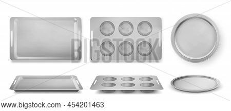 Trays For Baking Muffins, Pizza And Bakery Top And Front View, Empty Tin Pans, Isolated Rectangle An
