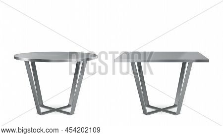 Modern Metal Tables With Round And Square Top. Vector Realistic Set Of Cocktail, Coffee Or Dining St