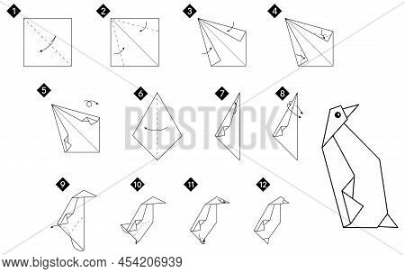 How To Make Origami Penguin Bird. Step By Step Instructions. Monochrome Black And White Vector Diy I