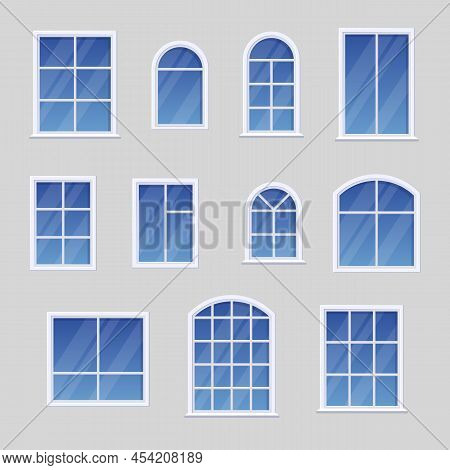 Windows With White Different Frames Set. Vector Illustrations Of Clean Blue Glass Windows On Wall Of