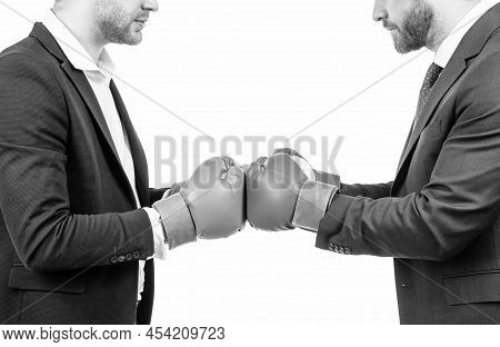 Contact. Fighting Men Cropped View. Businessmen Fight With Boxing Gloves. Fighting Conflict