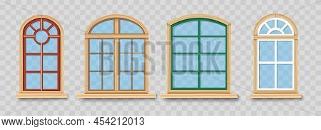 Arch Wood Windows. Wooden Window Set For Temple Palace Architecture, Oak Ancient Retro Arched Caseme