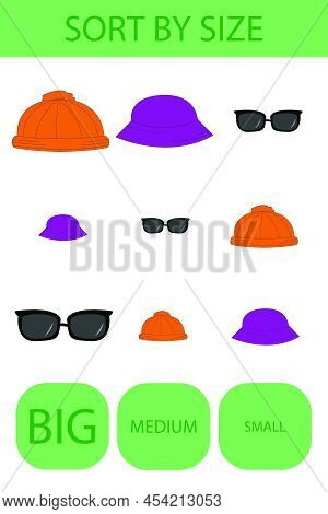 Match The Panama, Hat, Singlasses By Size Large, Medium And Small. Children's Educational Game..