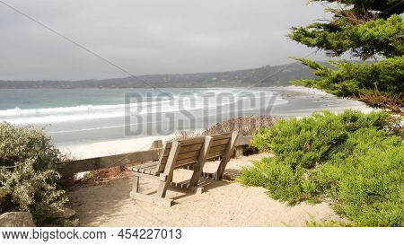 Empty Wooden Bench, Rest On Trail Path, Walkway Or Footpath. Carmel Beach, Monterey Ocean Shore, Cal