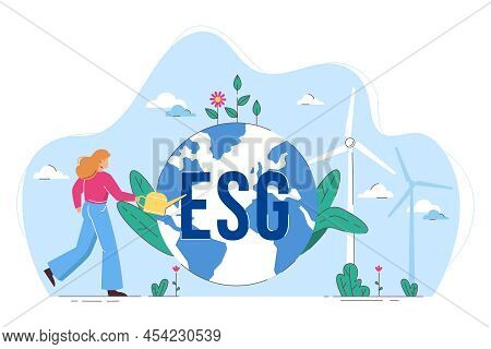 Flat Esg Concept Of Environmental And Sustainability In Business. Woman Watering Globe With Flowers,