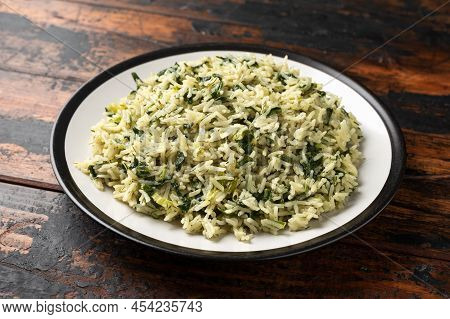 Spanakorizo, Greek Spinach Rice. Healthy Vegetarian Food.