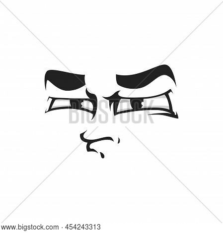 Cartoon Face Vector Suspecting Emoji. Doubt Facial Expression With Eyes Look Sullenly And Closed Mou