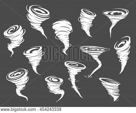 Tornado, Storm, Whirlwind Twister, Cyclone Whirlpools Set. Windy Or Stormy Weather, Thunderstorm Met