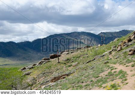 Buddhist Pillars On A Hill In The Steppe.