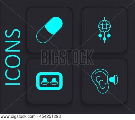 Set Earplugs And Ear, Sleeping Pill, Dream Catcher With Feathers And Storage Box Icon. Black Square 
