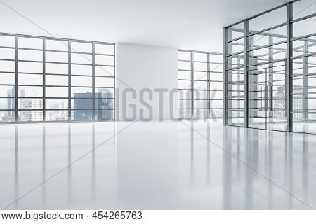 Modern Exhibition Interior With Panoramic Window Frame And City View, Daylight And White Mock Up Pla