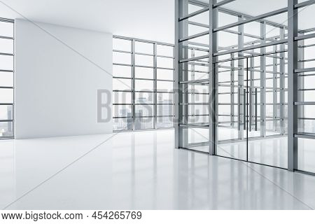 Simple Exhibition Interior With Panoramic Window Frame And City View, Daylight And White Mock Up Pla