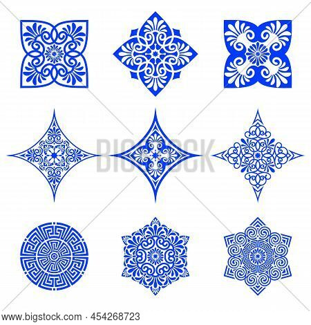 Collection Of Vector Round, Square, Rhomboid Ornaments In Traditional Greek Style. Classic Roman Blu