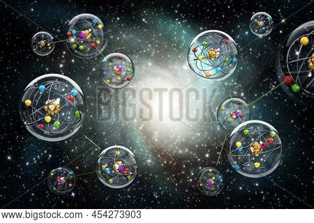 Connected Spheres With Molecules Connected To Each Other. Parallel Universes Concept. 3d Illustratio