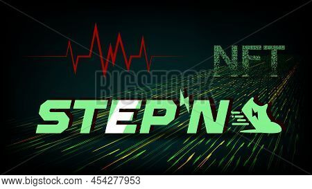 Stepn Company Logo Icon And Text Nft With Red Heartbeat String On Dark Background. Earn Gmt Tokens W