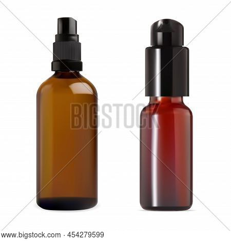 Brown Serum Spray Bottle. Amber Glass Essential Oil Dropper, Isolated Template Concept For Brand Adv