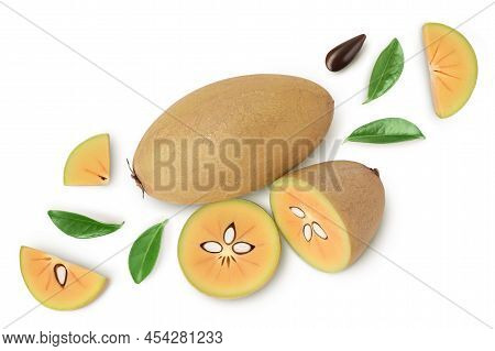 Sapodilla Isolated On White Background With Clipping Path And Full Depth Of Field. Top View. Flat La