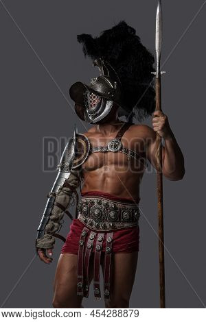 Glorious Gladiator Spearman With Helmet Against Grey Background