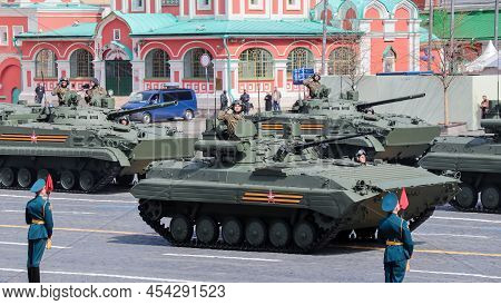 Moscow, Russia, May 2022: Infantry Fighting Vehicles Bmp-2m Are Passing By Red Square On Rehearsal O