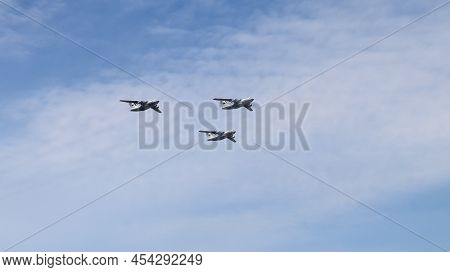 Moscow, Russia, May 2022: The Flight In The Sky Of Three Il-76md Heavy Long-range Military Aircrafts