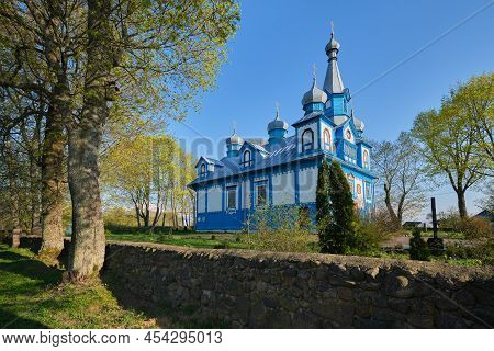Old Ancient Wooden Church Of Holy Life Giving Trinity. Telyadovichi, Kopyl District, Minsk Region, B