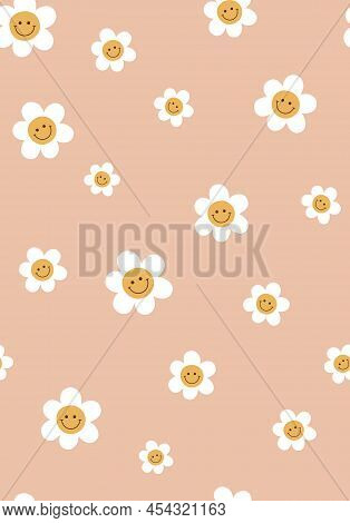 Groovy Retro Daisy Flowers Background. Groovy Flowers Seamless Pattern. Groovy Floral Pastel Wallpap
