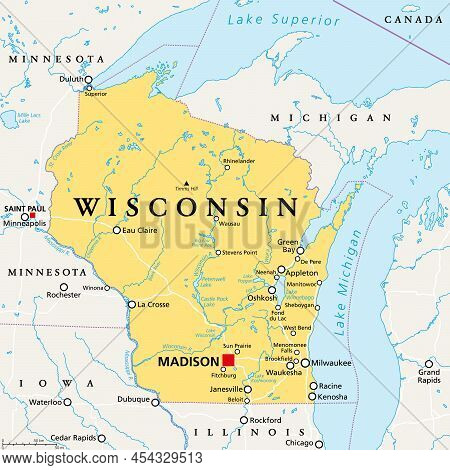 Wisconsin, Wi, Political Map, With The Capital Madison And Metropolitan Area Milwaukee. State In The