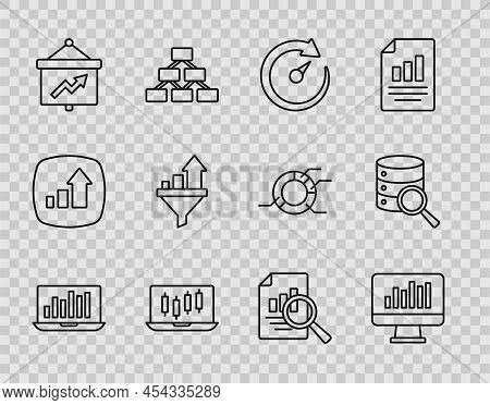 Set Line Laptop With Graph Chart, Monitor, Digital Speed Meter, Stocks Market Growth Graphs, Board, 