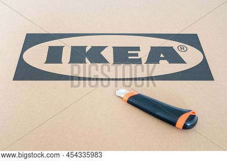 Celadna, Czechia - 05.07.2022: Detail Shot Of A Top Of Cardboard Box With Ikea Logo On It And Pen Kn