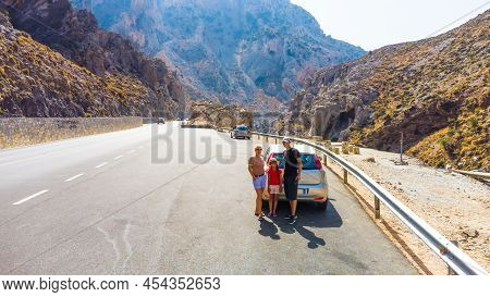 Empty Rural Road Through The Beautiful Gorge Of Kourtaliotikos In Crete Island In Greece.