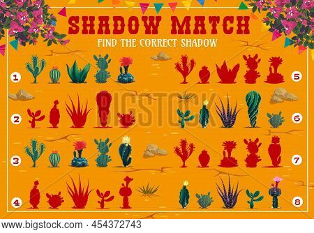 Shadow Match Game Vector Worksheet With Mexican Cactuses Succulents In Desert. Matching Puzzle, Kids