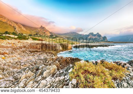 Breathtaking Evening Seascape Of Isolidda Beach Near San Vito Cape. Popular Travel Destination Of Me