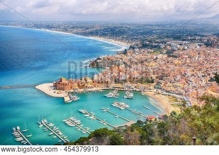 Astonishing Aerial Cityscape Of Castellammare Del Golfo Town. Popular Travel Destination Of Mediterr