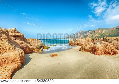Amazing Seascape Of Isolidda Beach Near San Vito Cape. Popular Travel Destination Of Monte Cofano Na