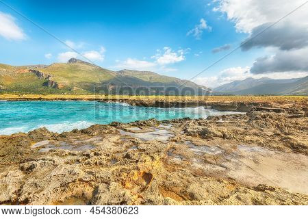 Unbelievable Seascape Of Isolidda Beach Near San Vito Cape. Popular Travel Destination Of Monte Cofa