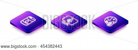 Set Isometric Line Barrel Oil, Oil Drop With Dollar Symbol And Icon. Vector