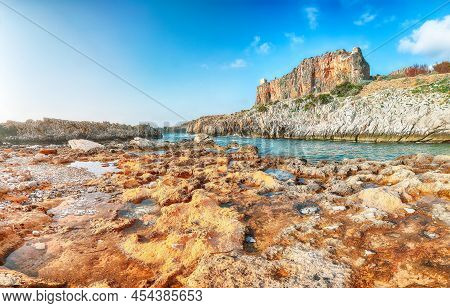 Spectacular Seascape Of Isolidda Beach Near San Vito Cape. Popular Travel Destination Of Monte Cofan