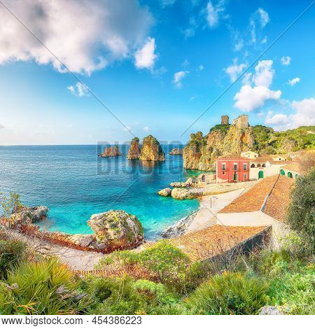 Unbelievable Scene Of Tonnara Di Scopello. Popular Travel Destination On Mediterranean Sea. Location