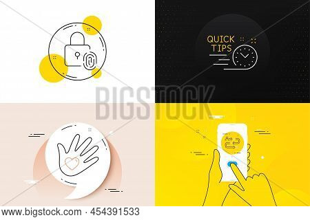 Minimal Set Of Quick Tips, Fingerprint Lock And Social Responsibility Line Icons. Phone Screen, Quot