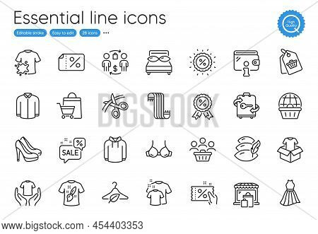 T-shirt Design, Slow Fashion And Wallet Line Icons. Collection Of Clothing, Discount Coupon, Scarf I